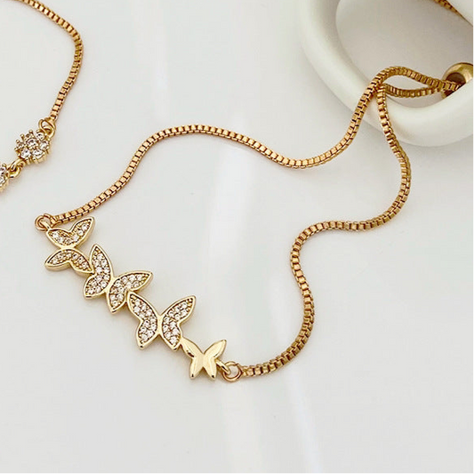 Gold Adjustable Bracelet with Pave Butterfly Motif
