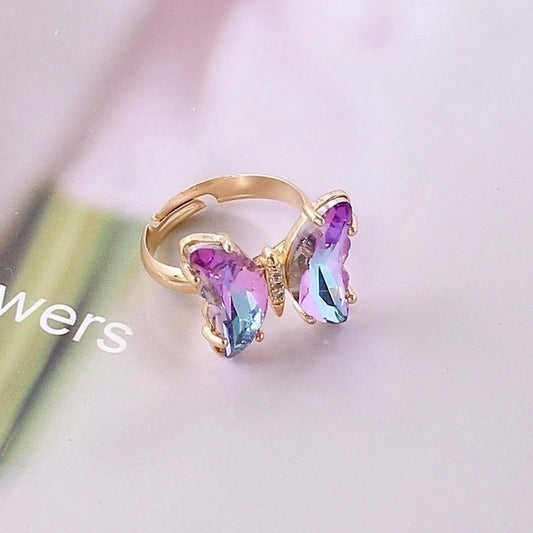 Light Purple & Blue Crystal Butterfly Adjustable Ring