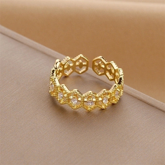 Honeycomb Adjustable Ring With Sparkling Crystals