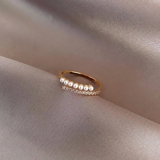 Elegant Pearl & Crystal Gold Adjustable Ring
